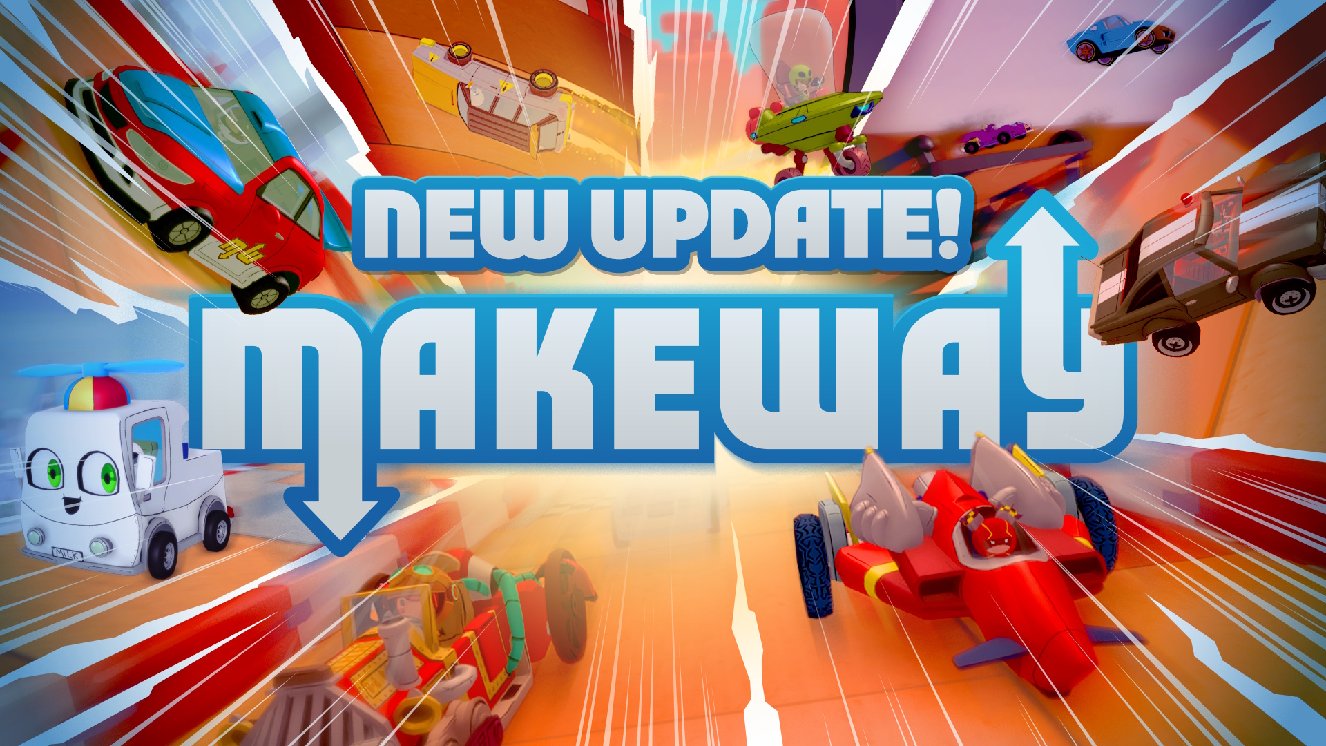 Make Way update key art, with several cars racing towards the screen.